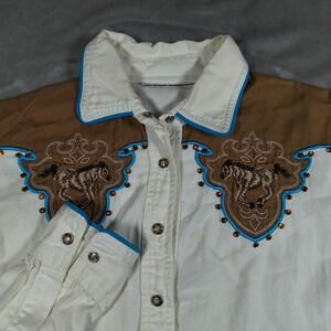 Men's Embroidered Horse Casual Button Down Shirt - Cream and Brown